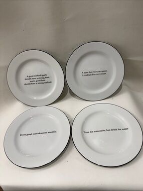 Pottery Barn White Porcelain Salad Dessert Saucers Plates Black Rim Toast Quotes
